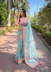 Twill Net  Embroidered Lace Border Stone Work Zari Saree