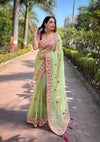 Twill Net  Embroidered Lace Border Stone Work Zari Saree