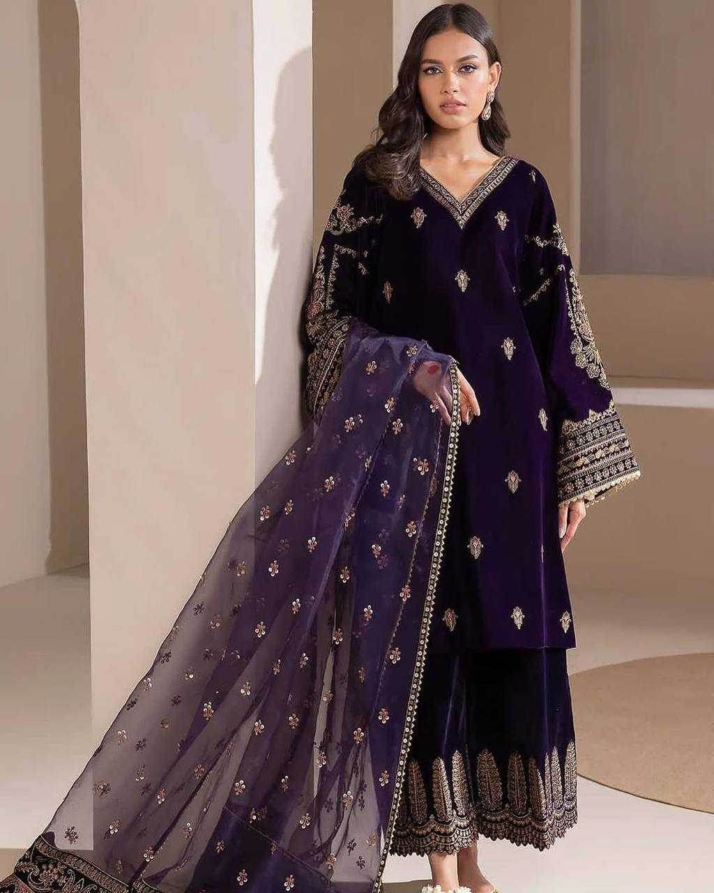 BLUE EMBROIDERED PARTY WEAR VELVET SUIT - MYLUXURY LANE ENTERPRISE