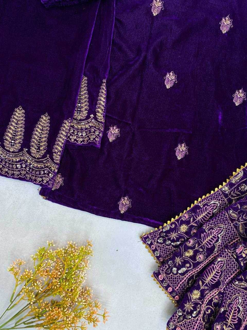 BLUE EMBROIDERED PARTY WEAR VELVET SUIT - MYLUXURY LANE ENTERPRISE