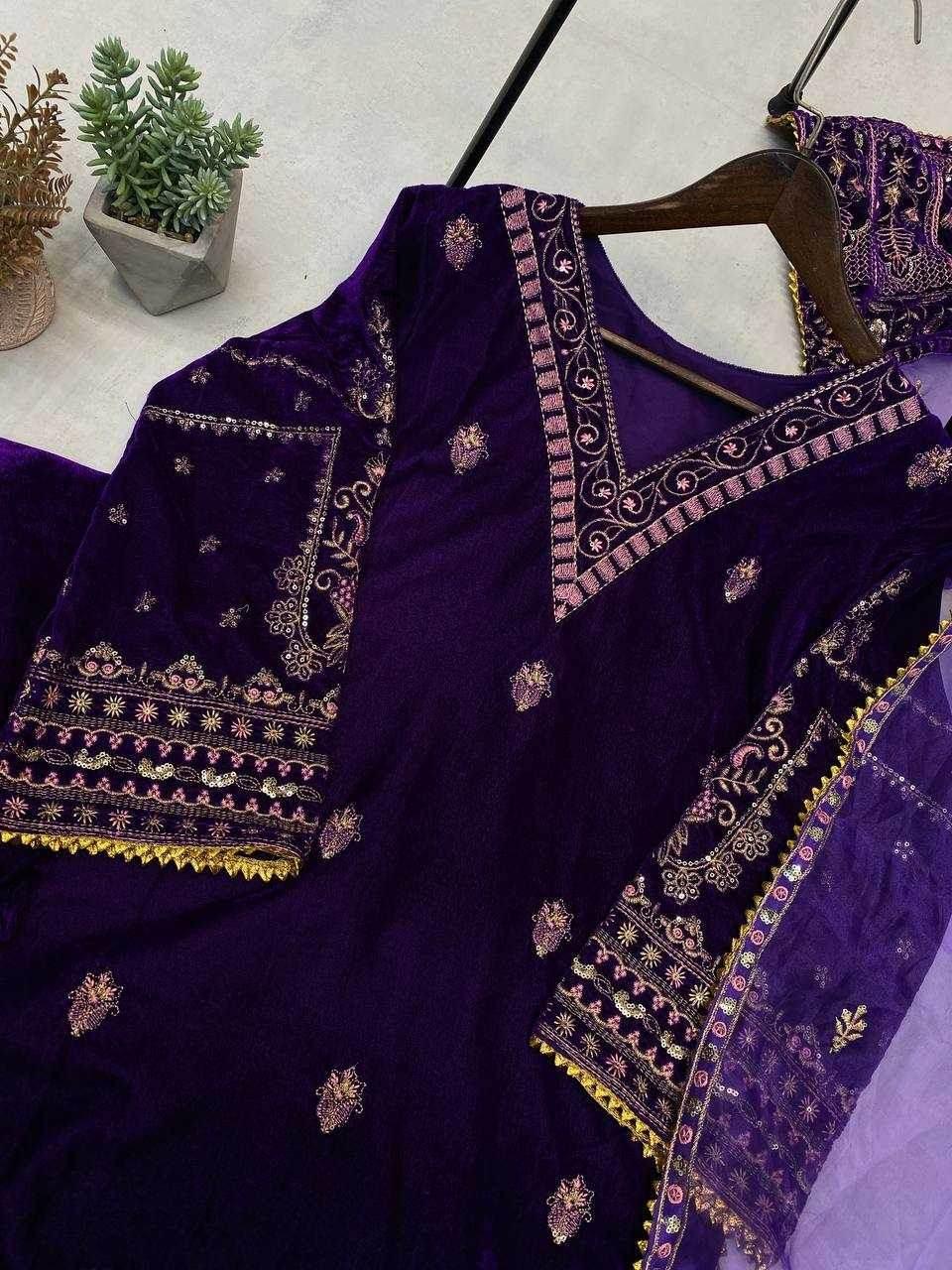 BLUE EMBROIDERED PARTY WEAR VELVET SUIT - MYLUXURY LANE ENTERPRISE