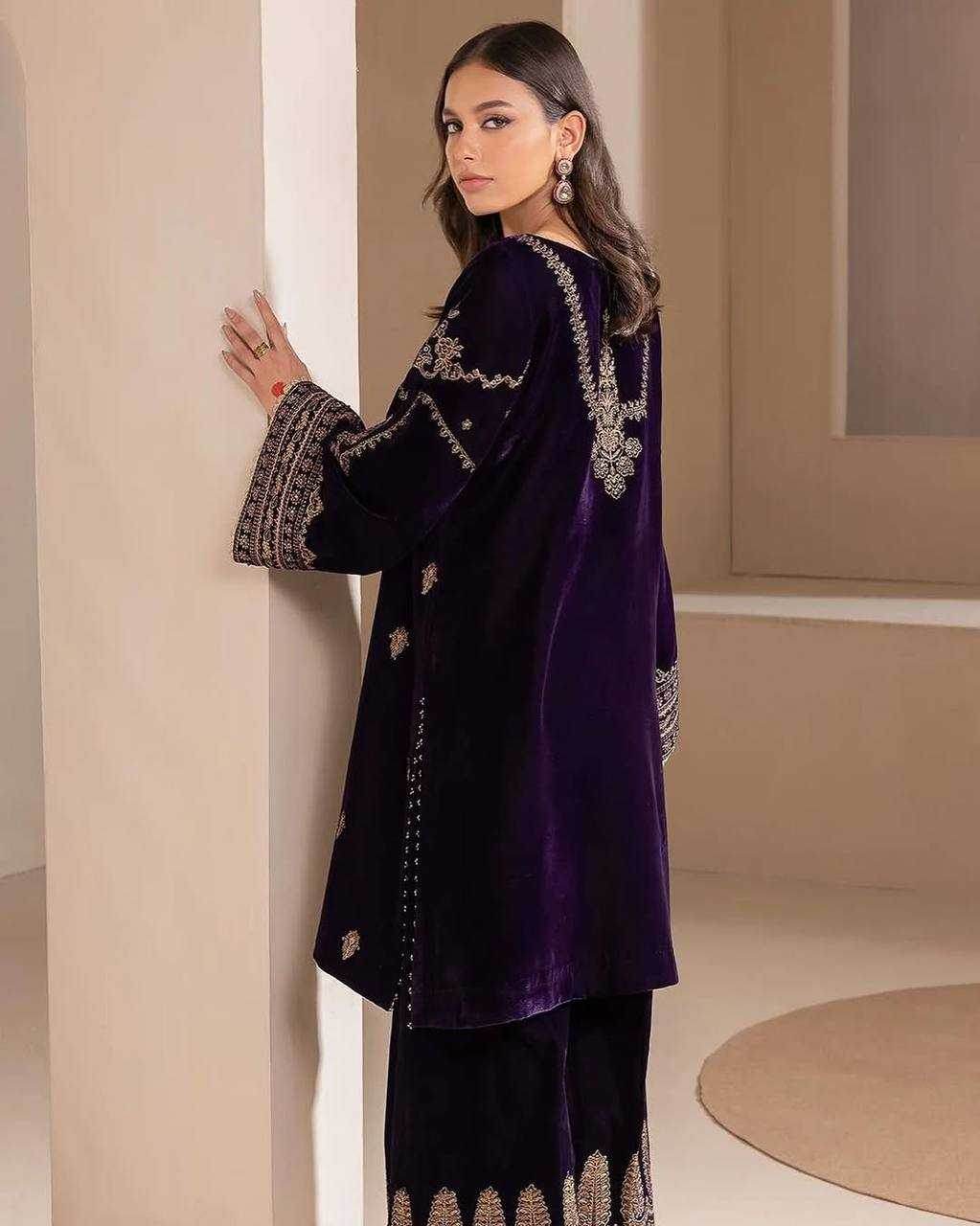 BLUE EMBROIDERED PARTY WEAR VELVET SUIT - MYLUXURY LANE ENTERPRISE