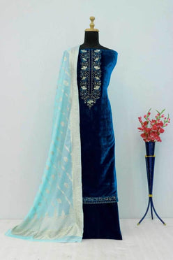 VELVET SEMI STITCHED EMBROIDERED SUIT - MYLUXURY LANE ENTERPRISE