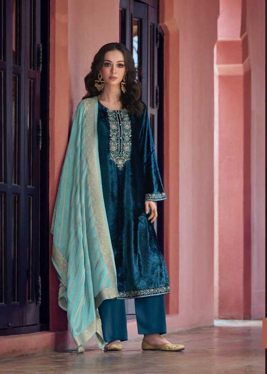 VELVET SEMI STITCHED EMBROIDERED  SUIT