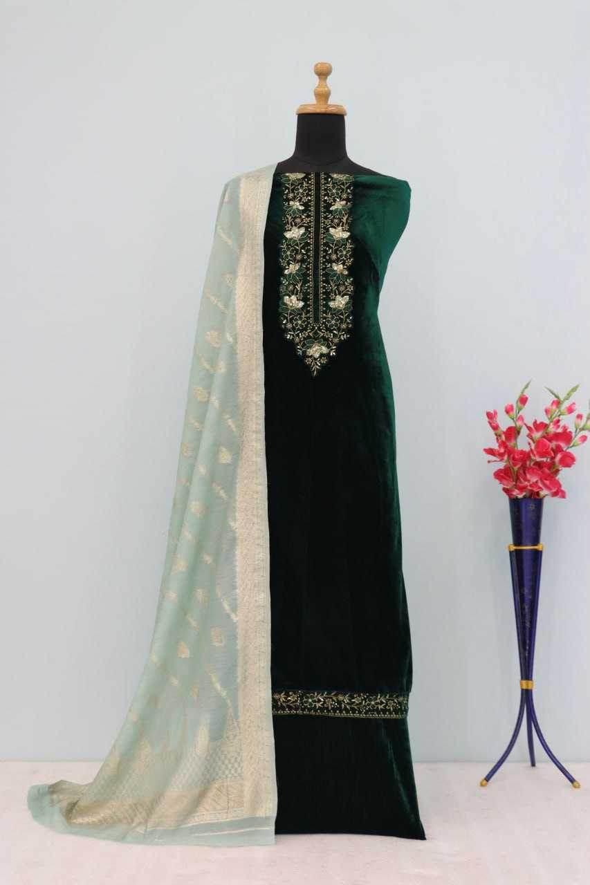 VELVET SEMI STITCHED EMBROIDERED SUIT - MYLUXURY LANE ENTERPRISE