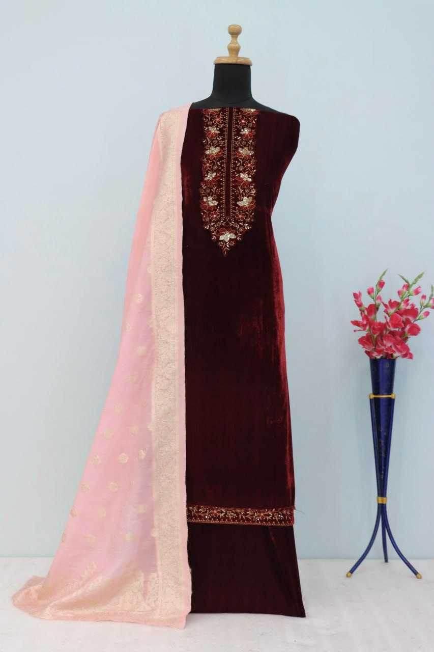 VELVET SEMI STITCHED EMBROIDERED SUIT - MYLUXURY LANE ENTERPRISE