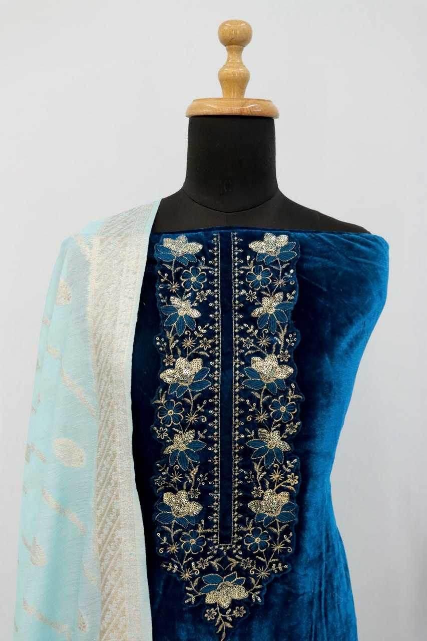 VELVET SEMI STITCHED EMBROIDERED SUIT - MYLUXURY LANE ENTERPRISE