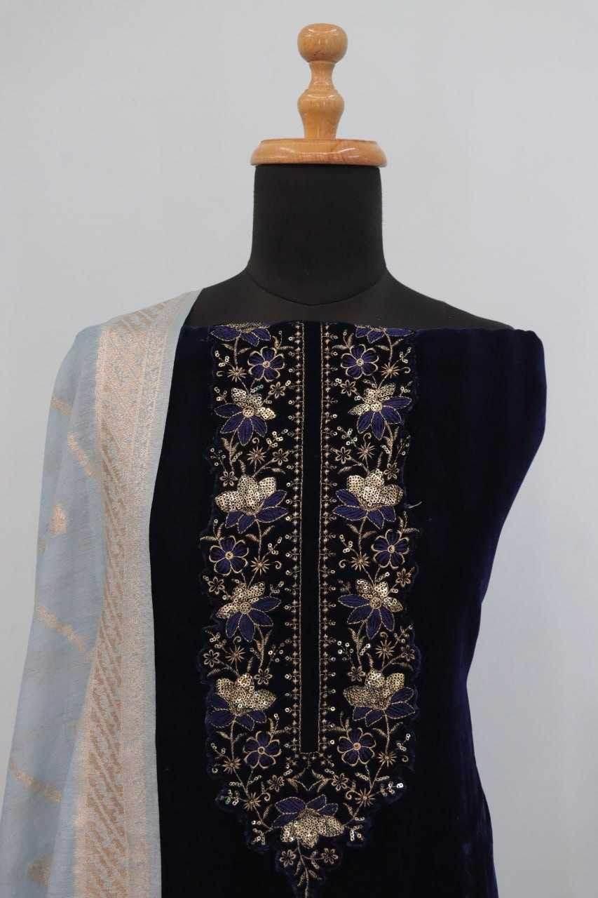 VELVET SEMI STITCHED EMBROIDERED SUIT - MYLUXURY LANE ENTERPRISE