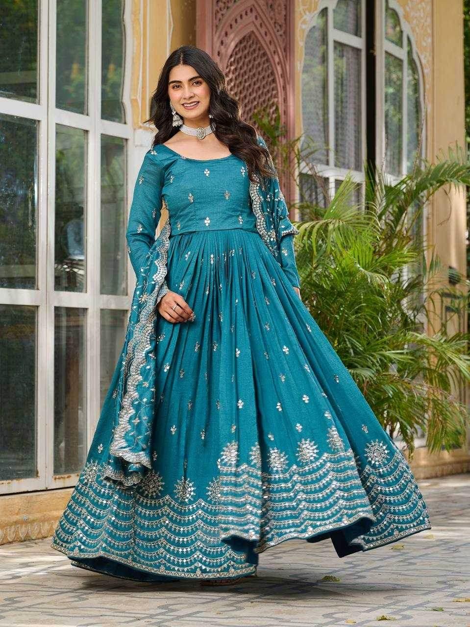 Vichitra Silk Embroidery Long Gowns - MYLUXURY LANE ENTERPRISE