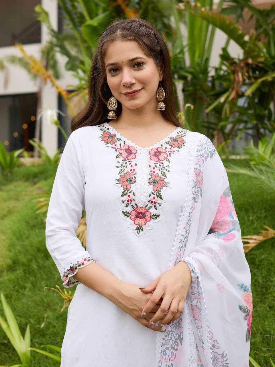 Viscose Rayon Embroidered White Salwar Suit - MYLUXURY LANE ENTERPRISE
