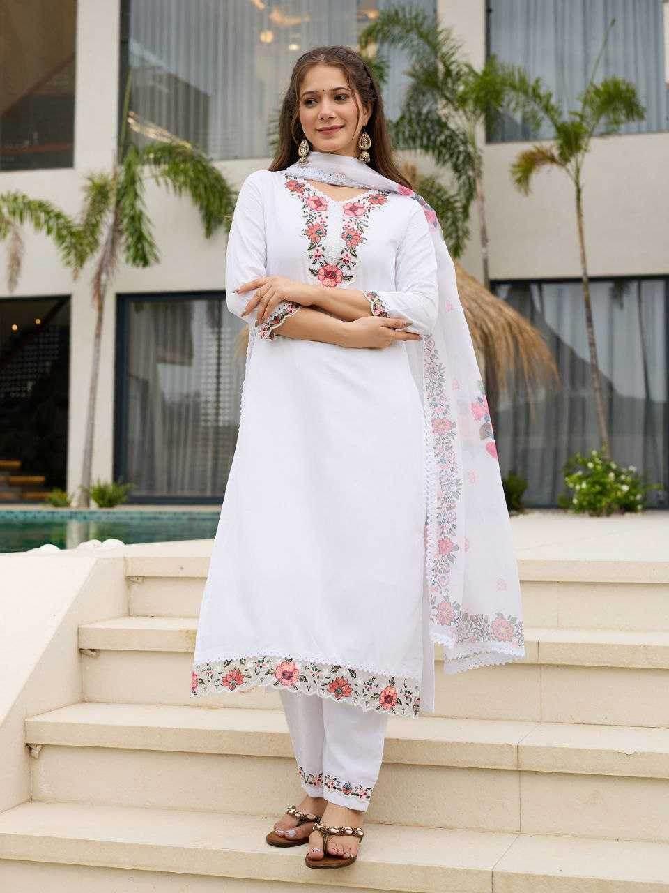 Viscose Rayon Embroidered White Salwar Suit - MYLUXURY LANE ENTERPRISE