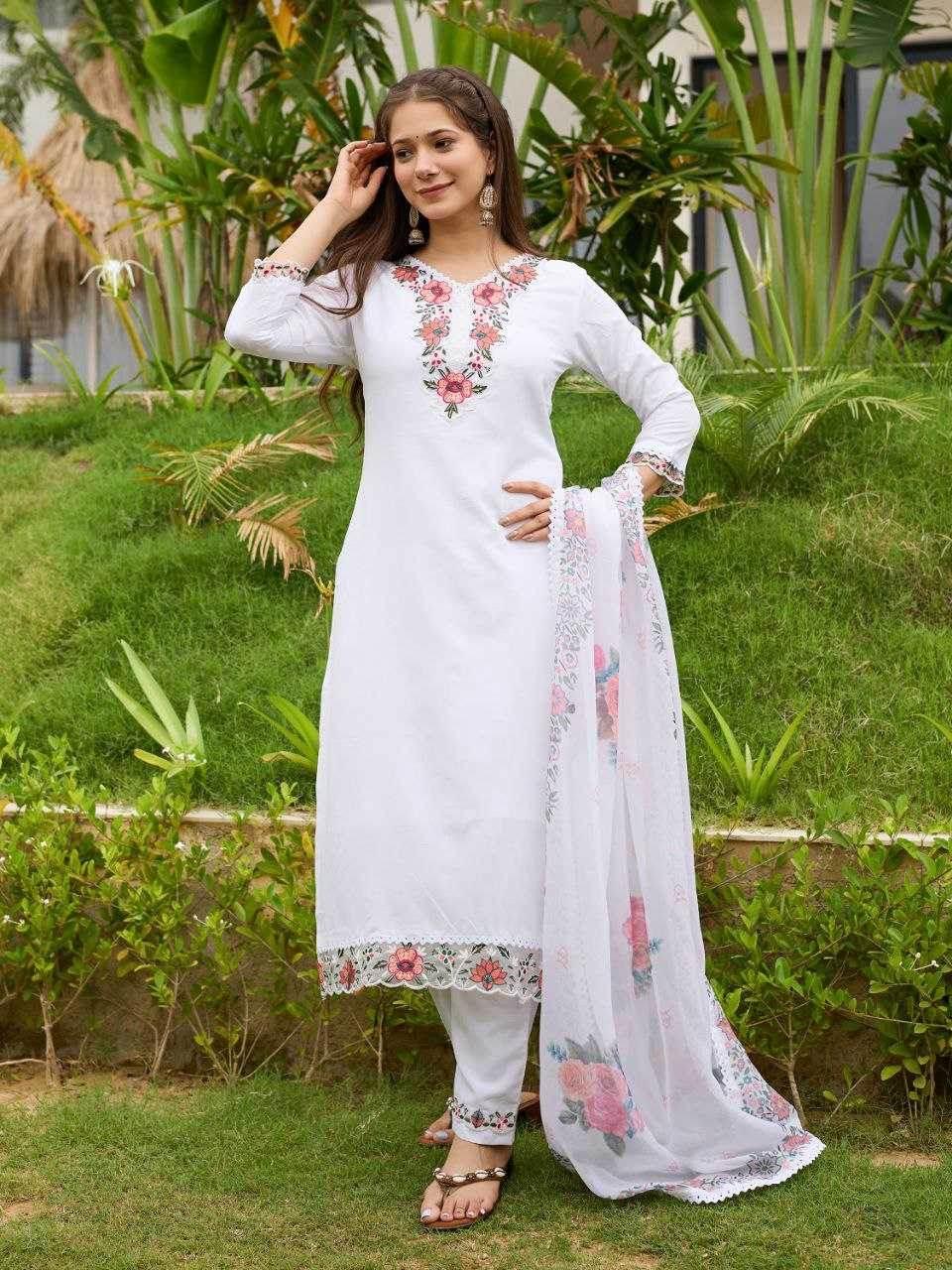 Viscose Rayon Embroidered White Salwar Suit - MYLUXURY LANE ENTERPRISE