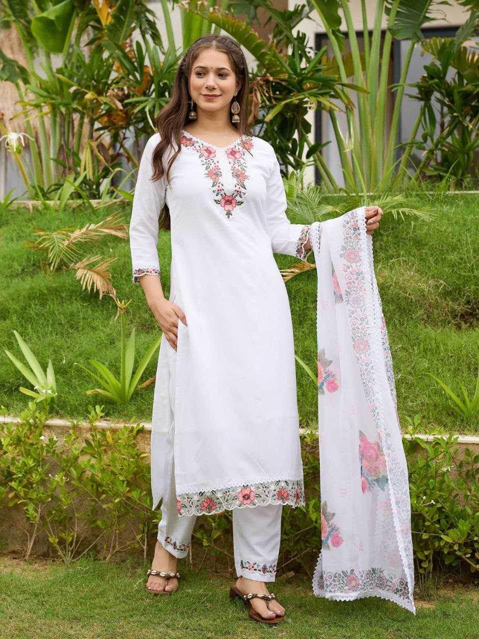 Viscose Rayon Embroidered White Salwar Suit - MYLUXURY LANE ENTERPRISE
