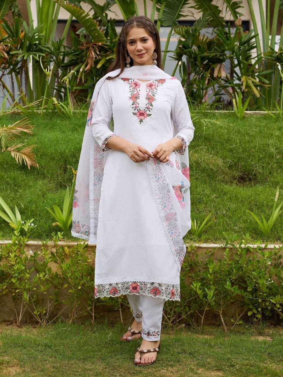 Viscose Rayon Embroidered White Salwar Suit - MYLUXURY LANE ENTERPRISE