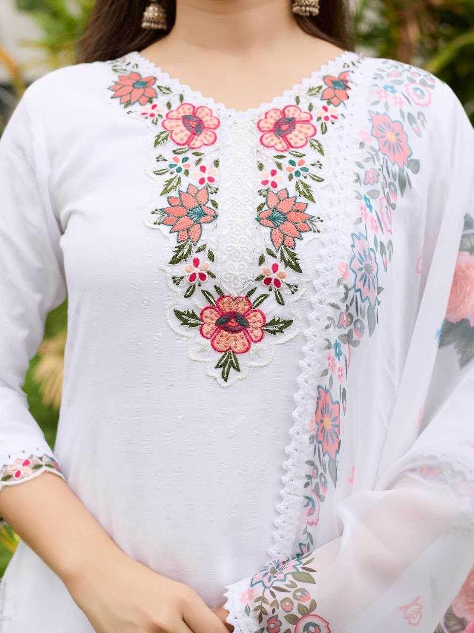 Viscose Rayon Embroidered White Salwar Suit - MYLUXURY LANE ENTERPRISE