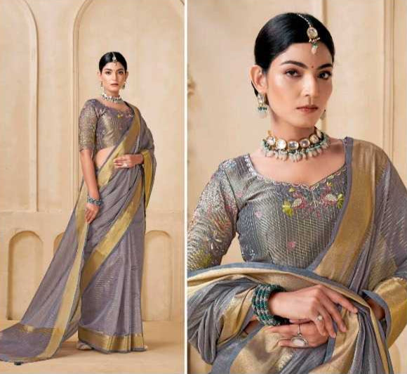 Woman wearing a traditional saree with intricate designs in a magazine layout.